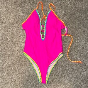 Popvil Vibrant Neon Pink One-Piece Swimsuit with Colorful Trim Medium NWT